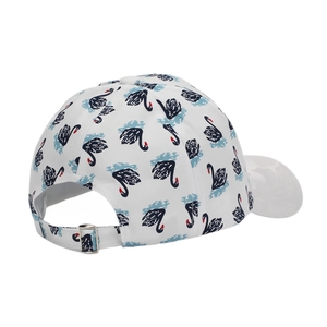 Detail view of white baseball cap with black swan print and adjustable silver metal buckle