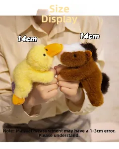 Detailed view of 14cm plush capybara and duck magnetic toys held in hand