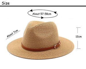 Detail view of a woven panama hat with size measurements: 57-58cm brim and 7cm width