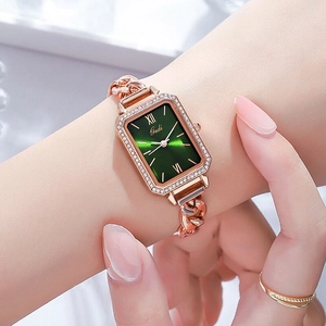 Elegant rose gold rectangular watch with green dial and crystal bezel for women
