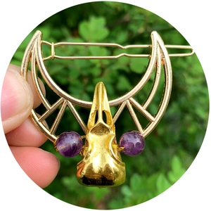 Gothic crescent moon and raven skull hair clip with purple beads in golden finish