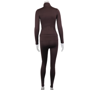 Rear view of chocolate brown yoga set showing high-stretch stand collar jacket and leggings