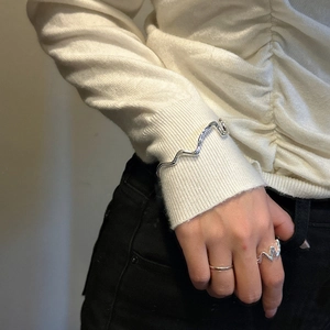 Minimalist S925 sterling silver wave texture bracelet and matching rings set for women