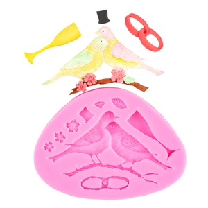 Moule en silicone avec oiseaux sur branches et fleurs pour décoration de gâteaux ou résine
