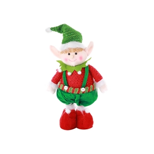 Cute Christmas elf plush doll decoration with red and green knitted clothes on white background