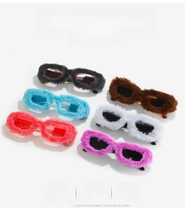 Creative square sunglasses with colorful plush trim detail for novelty party fashion