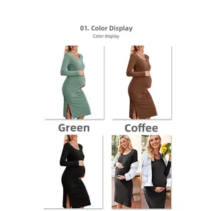 Détail de robes de maternité midi en maille côtelée avec fente latérale, vert, café et noir