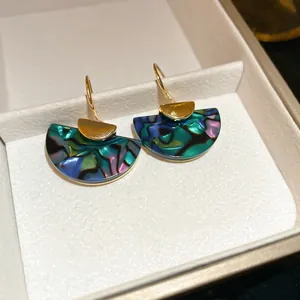 Fan Shaped Drop Earrings With Abalone Shell Inlay And 925 Sterling Silver Earring Post Iridescent Retro Style Women