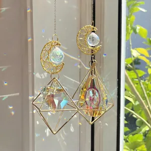 Crystal Moon Suncatcher Rainbow Maker Gold Metal Geometric Heart Hanging Ornament For Window Garden Home Decor