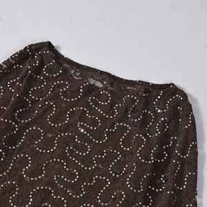 Close-up of dark brown lace fabric with sparkling silver sequins and intricate embroidery