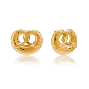 Minimalist 18K gold plated stainless steel pretzel knot heart earrings on white background