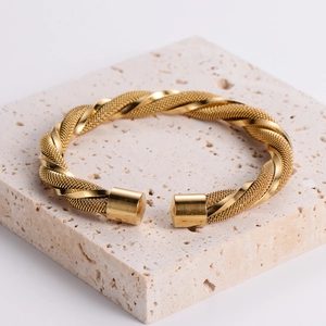 18K gold plated stainless steel twisted rope chain cuff bracelet with open adjustable design