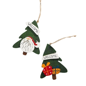 Set of two wooden Christmas tree pendants with Santa and gift designs and welcome signs