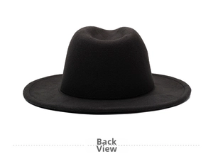 Detailed back view of the black wool fedora hat showing wide brim and classic crown shape