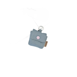 Mini blue denim earphone case with pink snap button and silver metal key ring