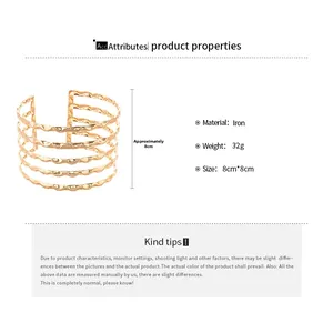 Detailed view of 8cm wide multi-layer gold wavy iron cuff bracelet with size parameters