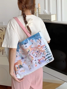 Sac fourre-tout en toile pour femme avec bandoulières roses et motif cartoon de ville d'hiver
