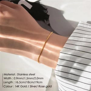 Detail showing various sizes and colors of minimalist stainless steel snake chains