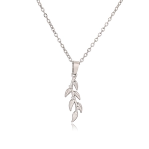 Elegant gold plated leaf pendant necklace with white zircons on silver cross chain