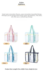 Detail of four colorful mesh tote bags with PVC accents and star pattern interior pockets