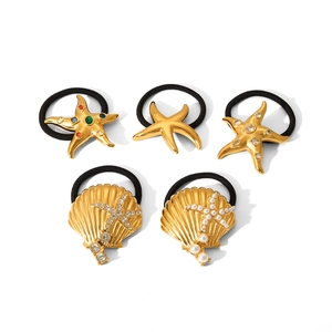 5Pcs 18K gold stainless steel starfish and scallop hair ties with pearls and crystals
