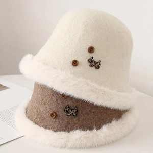 Cappello da Pescatore Invernale da Donna In Lana Ispessita Con Bordo In Pelliccia Di Coniglio Sintetica Decorazione Cane