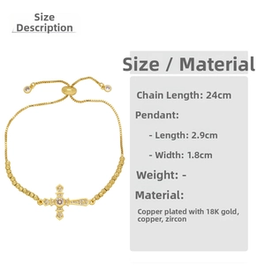 Detailed size guide for 18K gold-plated cross bracelet with micro-pave zircon crystals
