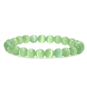 Macro view of 8mm light green cat's eye stone beaded bracelet with glossy finish