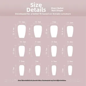 Detailed size chart for short coffin ballerina shape press-on nails with 12 specific dimensions