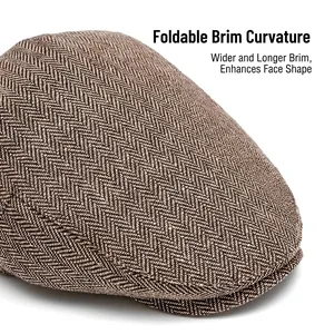 Classic men's herringbone newsboy cap with a foldable wide brim in a brown tweed blend