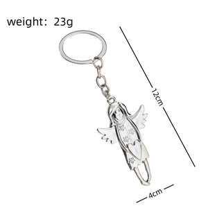 Silver metal angel keychain with heart details and 12cm length specifications