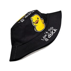 Black canvas bucket hat with little yellow duck and 'I don't give a duck' art text