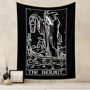 The Hermit Tarot Card IX Tapestry Black And White Gothic Mysterious Witchy Polyester Wall Hanging For Bedroom Home Decor