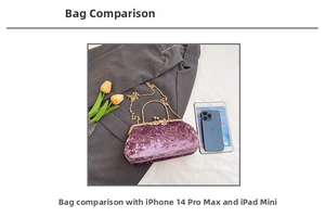 Detailed size comparison of purple velvet evening bag with iPhone and tablet devices