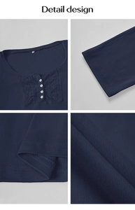Macro detail of navy blue Y2K long sleeve shirt with lace trim and white buttons