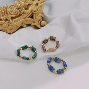 Natural Stone Beaded Ring Stainless Steel Hand-made Elastic Adjustable Band Vintage Bohemian Jewelry For Women