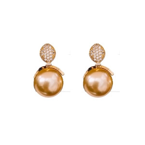 Elegant 18k gold plated pearl drop earrings with sparkling cubic zirconia on white background