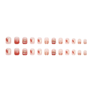 Press-on nail set featuring burgundy gradient, checkered heart patterns and pearl accents