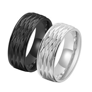 Men's titanium steel rings with geometric diamond cut pattern in black and silver finishes