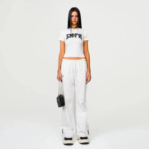 SMFK minimalist white cross embroidered wide-leg joggers and matching cotton t-shirt set