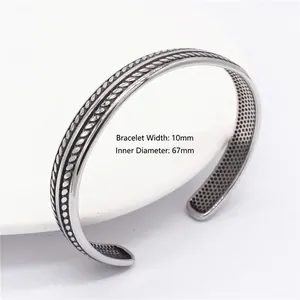 Retro stainless steel open cuff bracelet for men with woven pattern, 10mm wide and 67mm diameter