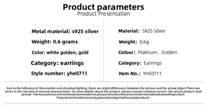 Detailed specifications table for S925 silver geometric stud earrings with metal weight