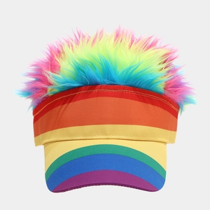 Rainbow striped sun visor hat with colorful fun wig hair for party and holiday events