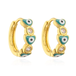 Gold huggie hoop earrings with green heart-shaped evil eye enamel and cubic zirconia