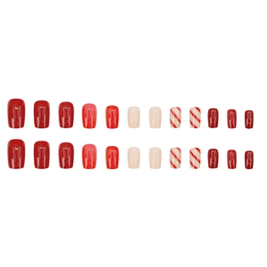 Red and white festive press-on nails with stripes and solid colors, 24 pieces set