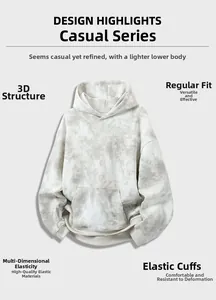 Detail of gray tie-dye hoodie featuring 3D tailoring and high elasticity rib cuffs