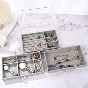 3-layer clear acrylic jewelry box with grey velvet drawers for rings and necklaces