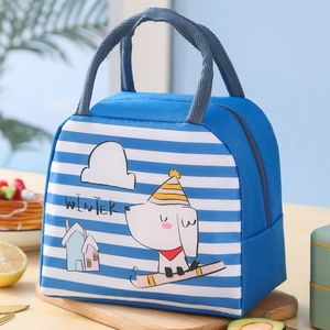 Insulated blue and white striped lunch bag with cartoon winter dog pattern and handle