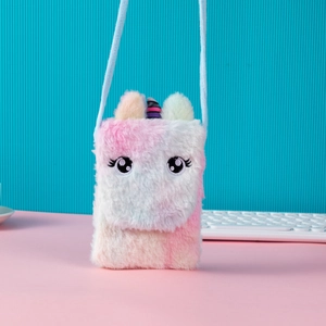 Detail of plush unicorn crossbody bag featuring colorful faux fur and embroidered eyes