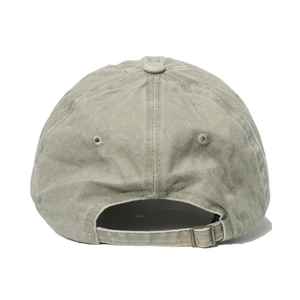 Detailed back view of washed cotton baseball cap with adjustable metal buckle and stitching